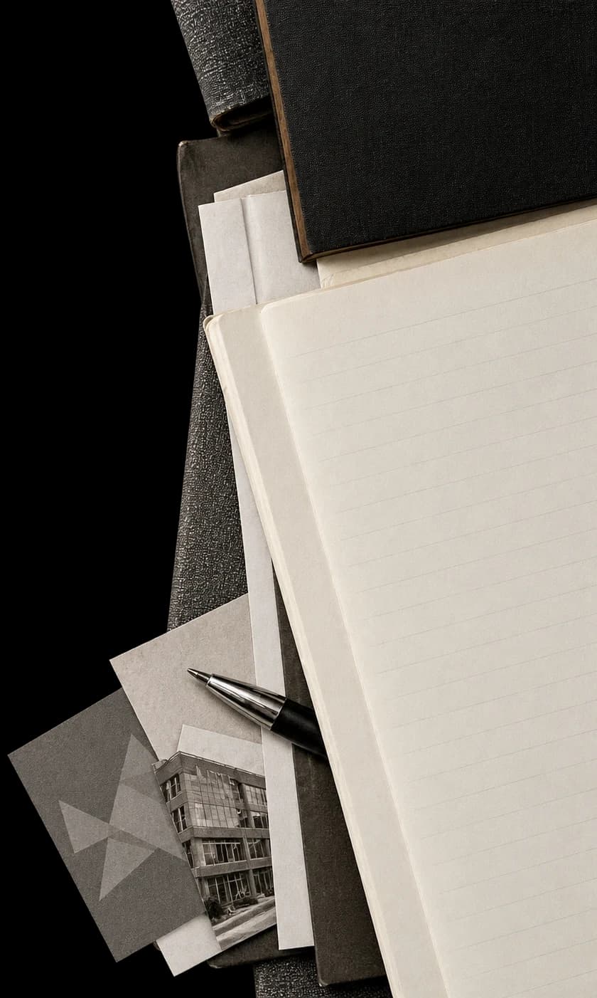 A stack of reference materials from the engagement: a black leather-bound book, a textured grey notebook, loose sheets of paper, a small black-and-white photograph of an office building, a patterned card, and a pen resting across the pile.