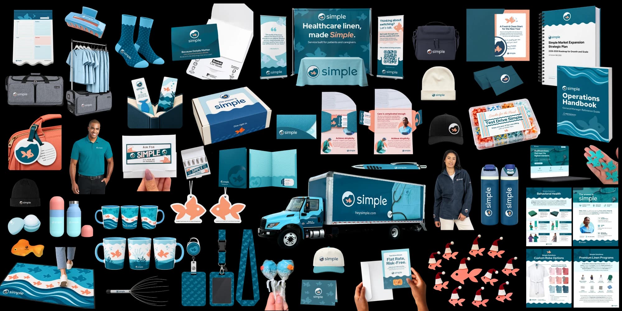 Four years of Simple laid out together: a liveried delivery truck, scrubs and outerwear, mugs, socks, bottles, bags and hats, welcome boxes and gifting, lanyards and badges, air fresheners, booth banners and table covers, sell sheets and solution one-pagers, the website, the Operations Handbook and the Market Expansion Strategic Plan.
