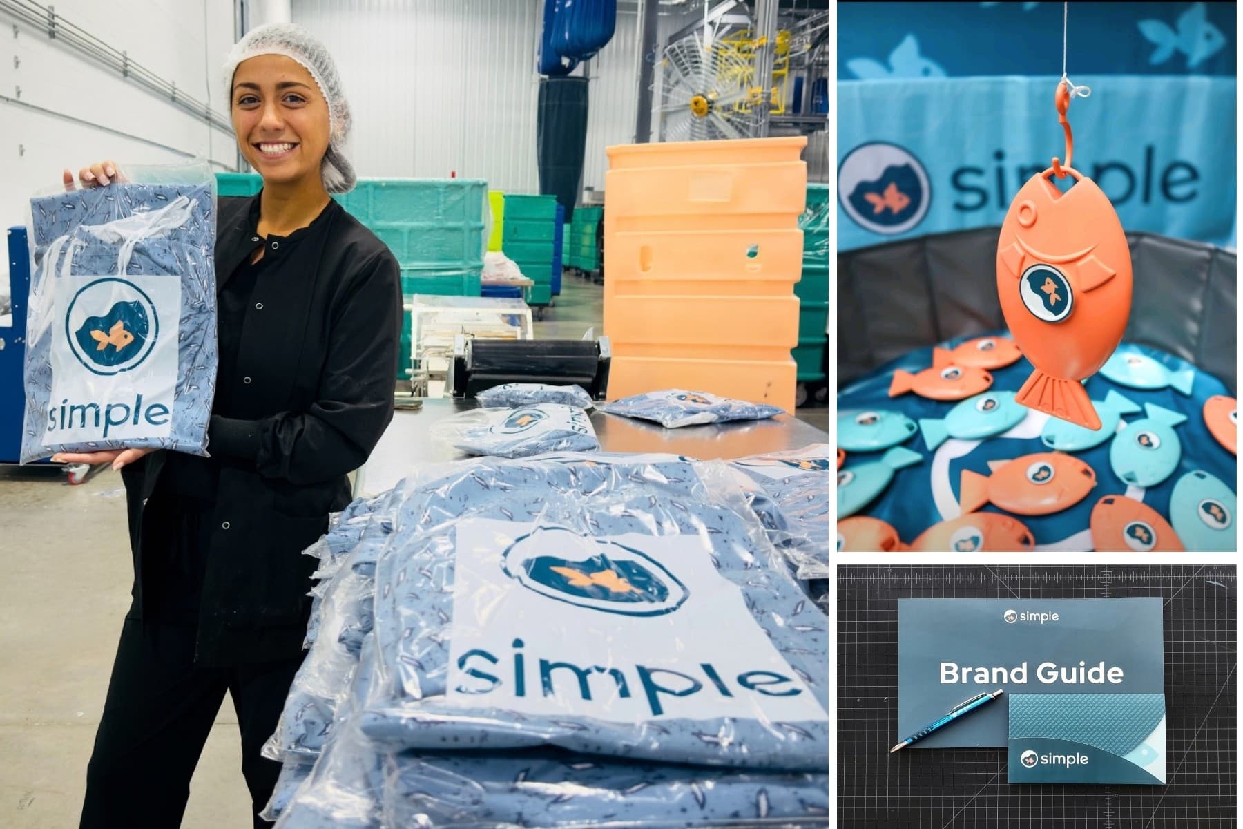 Simple on the floor of a healthcare laundry facility: a worker in a hairnet holding a sealed pack of branded gowns beside stacks of the same, orange fish keychains hanging against a Simple backdrop, and the printed brand guide on a cutting mat.
