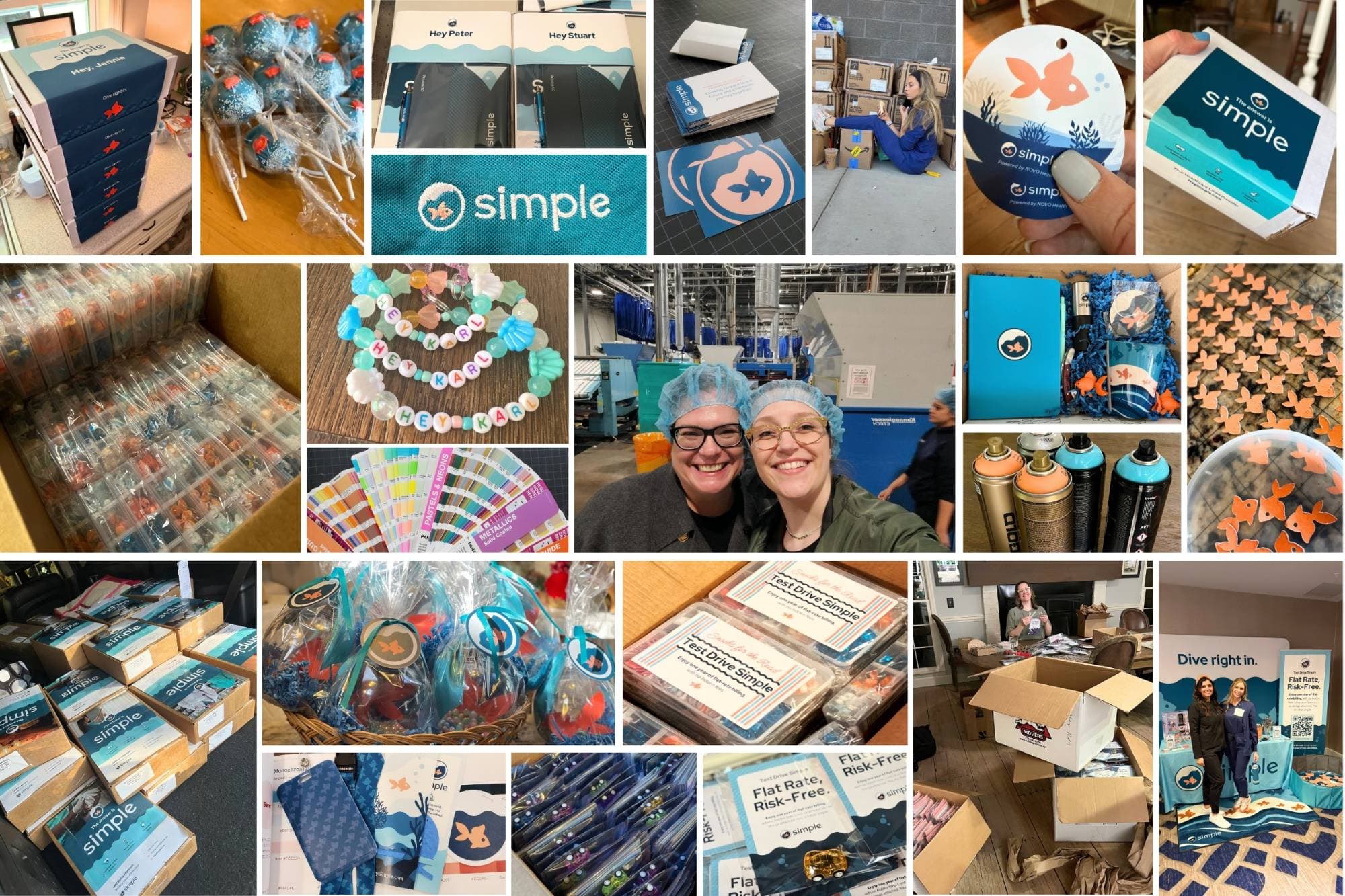 Simple work being made and sent: named welcome boxes, fish-shaped lollipops, an embroidered polo, cut vinyl decals, beaded name bracelets reading HEY KARL, Pantone fans, spray cans in the brand colours, gift baskets, cartons being packed on a living room floor, and the trade show stand.
