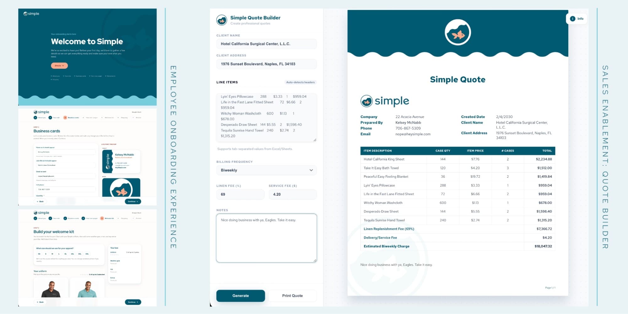 Two tools built for Simple: an employee onboarding flow that collects a new hire's details, previews their business card live and lets them build their welcome kit; and a quote builder that turns pasted line items into a finished, branded client quote.